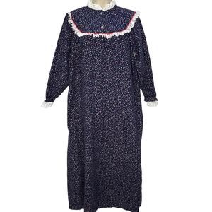 Vintage Texsheen Blue Floral Nightgown Prairie Ruffle Size M Maxi Long Sleeve